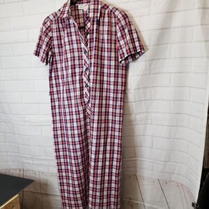 Vintage 70s Serbin Red and Blue Plaid Midi Shirt Dress size M L